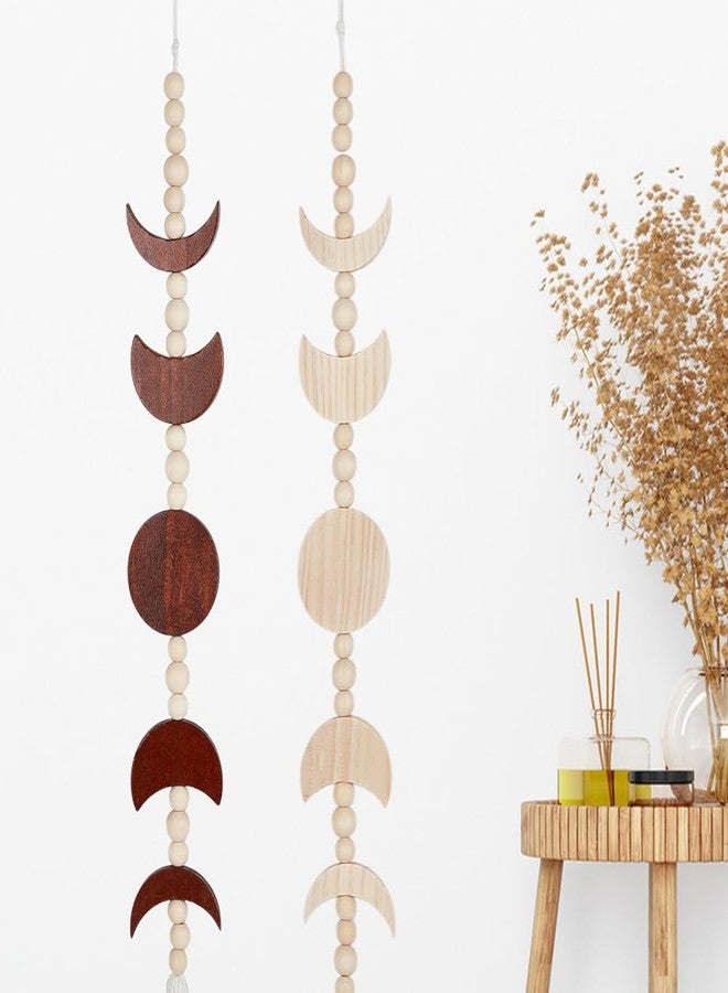 BEUNITONE 2 PCS Moon Phase Wood Beaded Wall Hanging with Tassel,Phases of The Moon,Bohemian Wooden Bead Home Wall Decor Art for Girls Bedroom Living Room Accessories Length 78cm,Brown and Wood Color - Image 1
